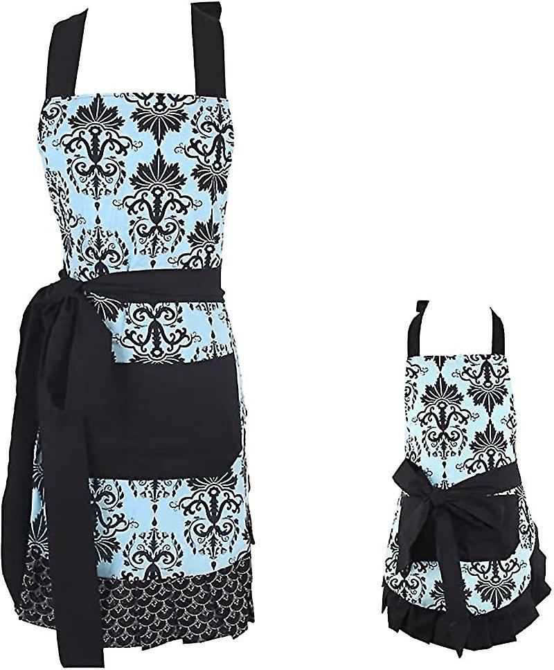 Parent-child Kitchen Apron Coverall 2 Pockets Women's Floral Apron 2 Pcssection A