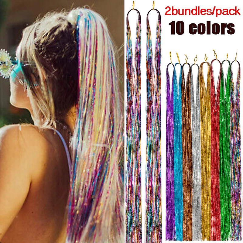 2 צרורות/חבילה 120 ס"מ שיער מבריק נוצץ ערכת טינסל שיער תוספות שיער תוספות שיער לפני מתיחה למסיבה