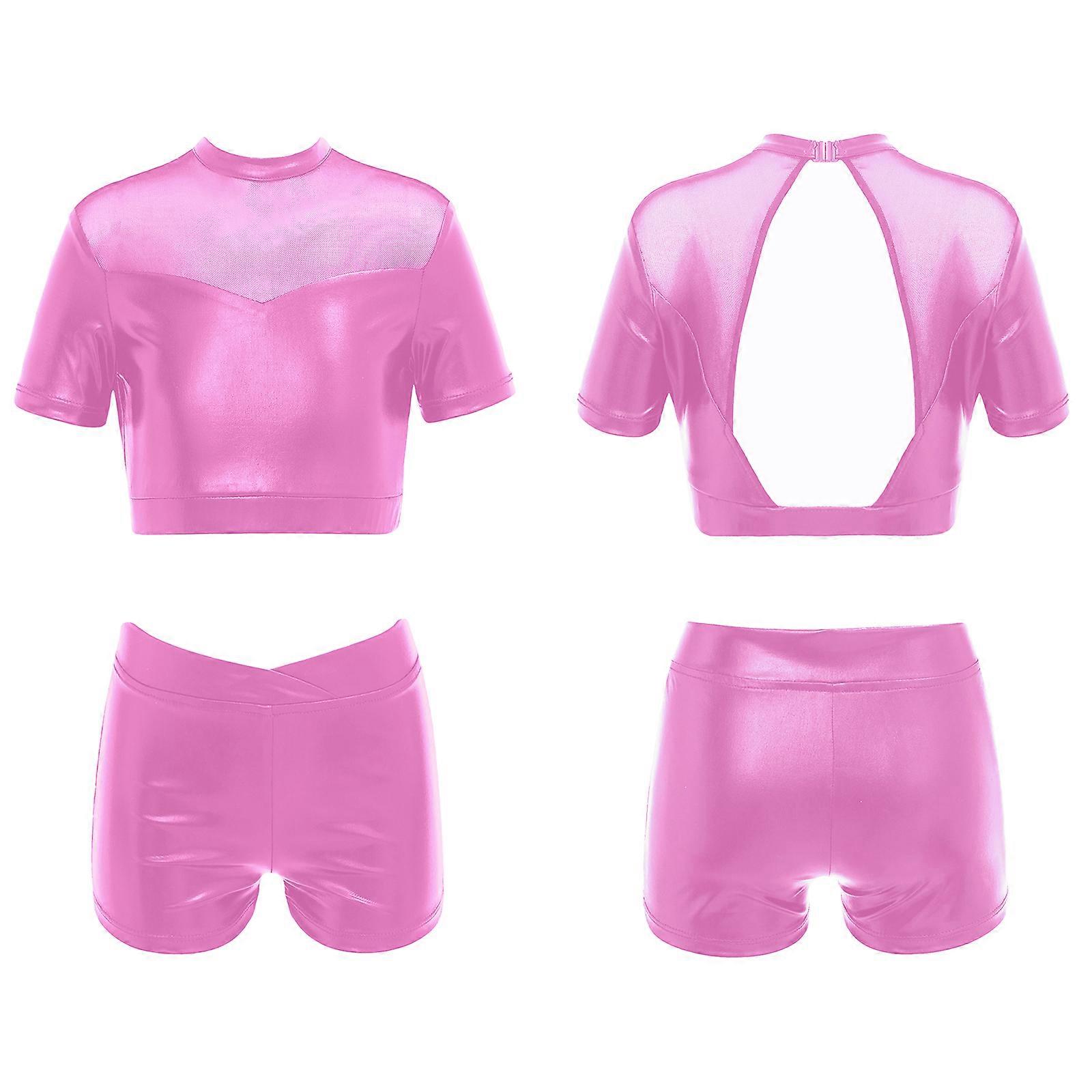 Kids Girls Shiny Metallic Jazz Dance Outfits Short Sleeves Sheer Mesh Backless Crop Top And Shorts For Modern Dancing Workout