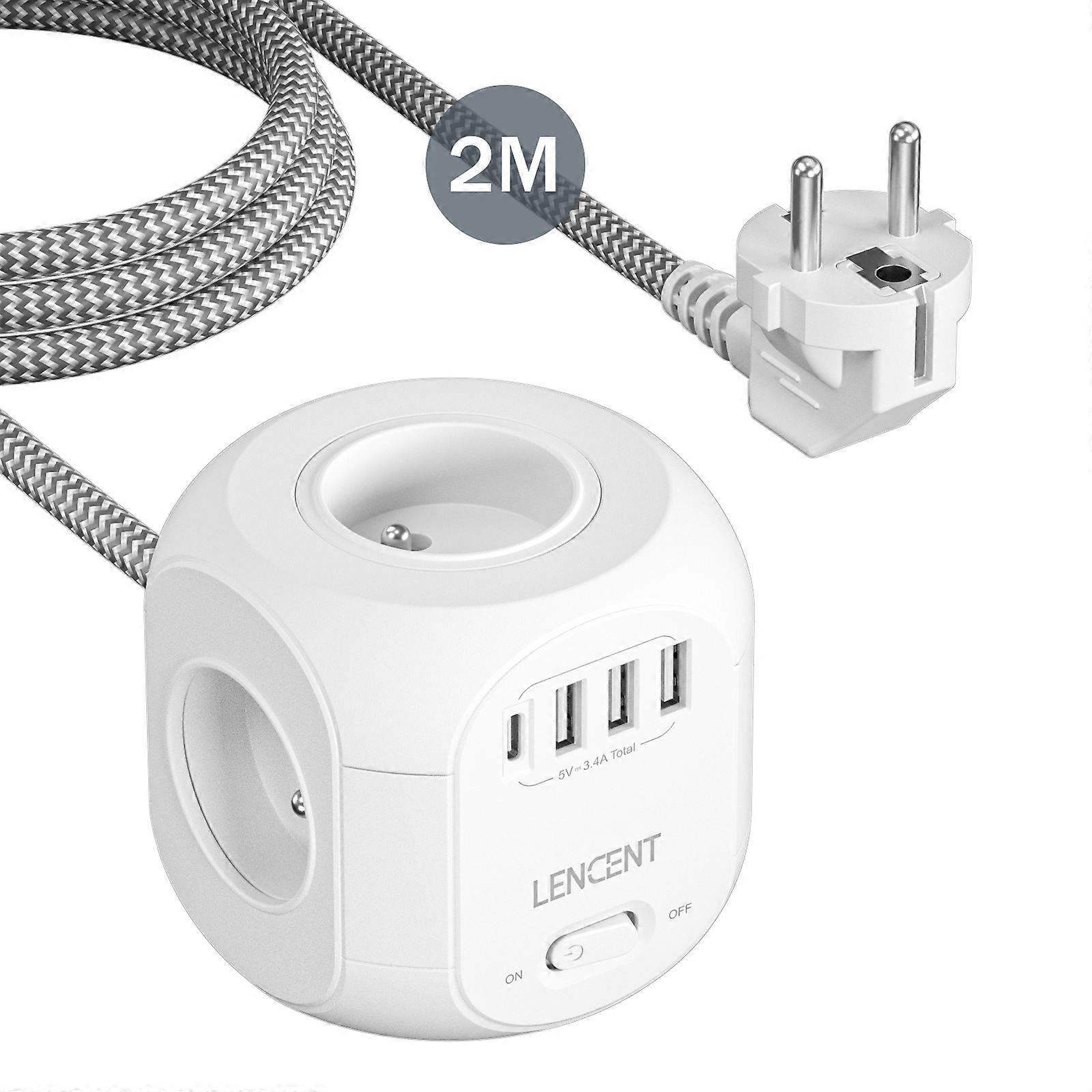LENCENT - Power Strip with 4 AC Outlets, 3 USB Ports, 1 Type C, 2M Braided Cable, Multi-Outlet Power Adapter with Switch for Home
