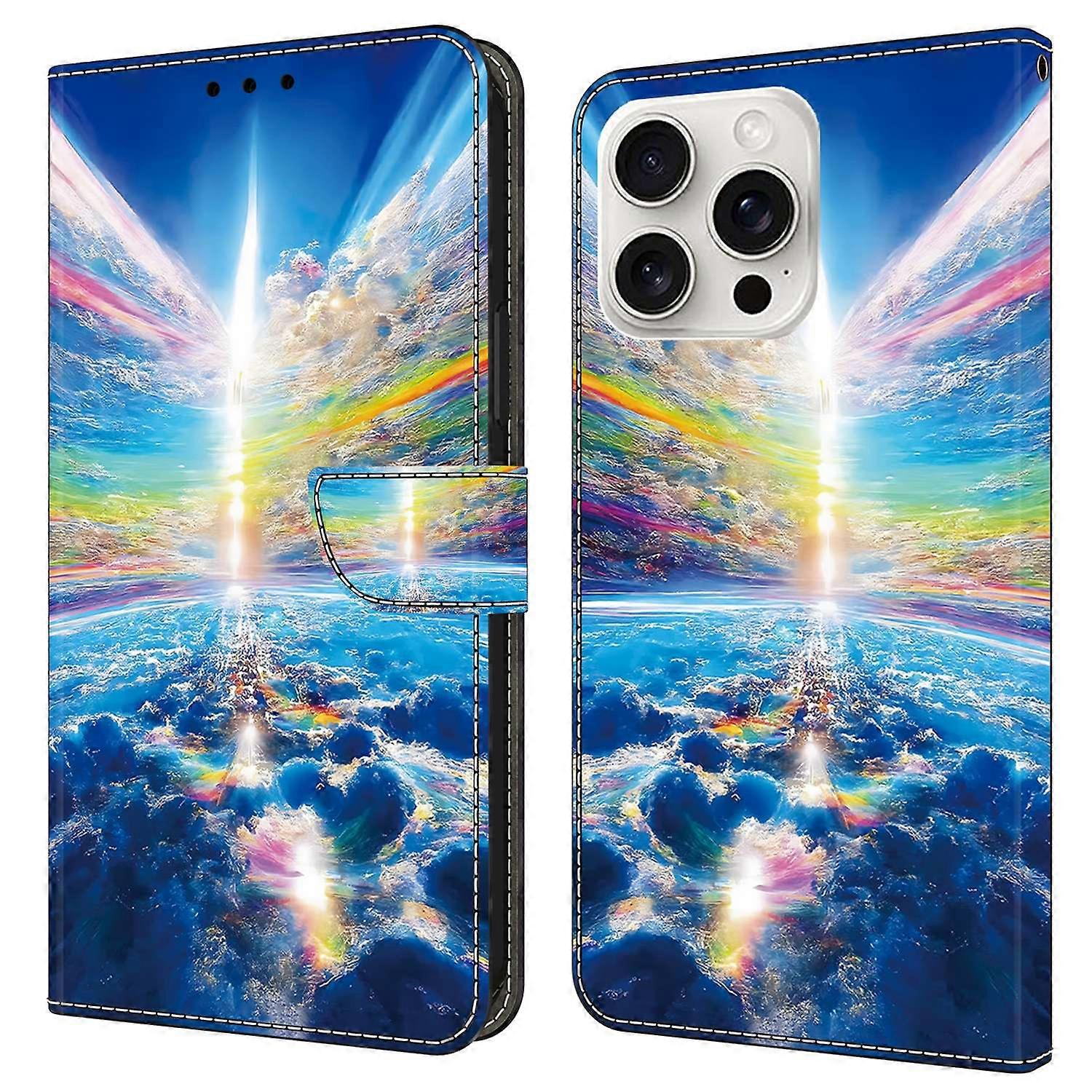 For iPhone 16 Pro Case Pattern Printed Protective Leather Flip Phone Case - Colorful Sky
