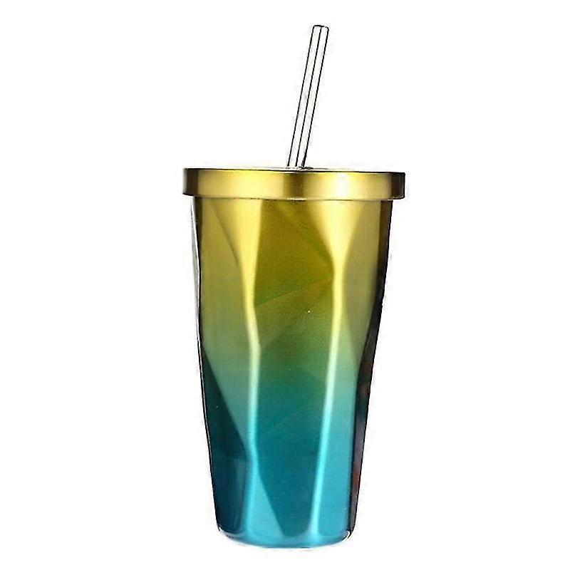 500ml 不锈钢随行杯带吸管渐变色双壁饮水杯咖啡杯