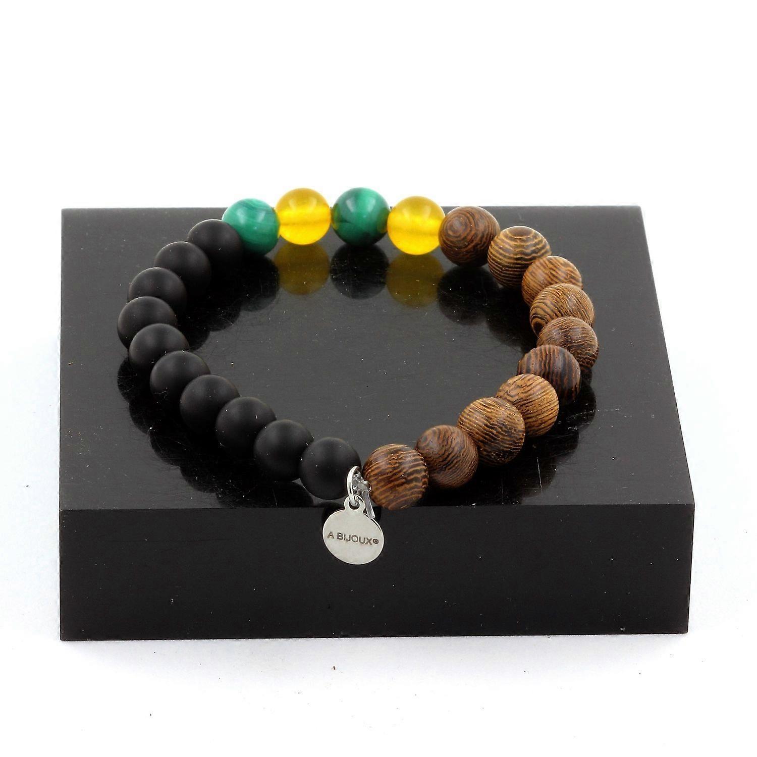 Congo Malachite Beads Bracelet + Yellow Agate + Matte Black Onyx + Wood 8 mm