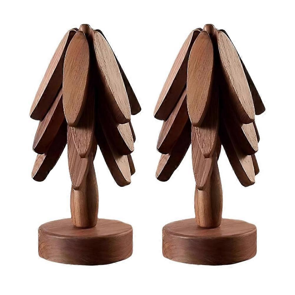 2Sets Wooden Tree Coasters,Wooden Insulation Mat,Stackable Tree Coasters Set of 4, Black Walnut Tri