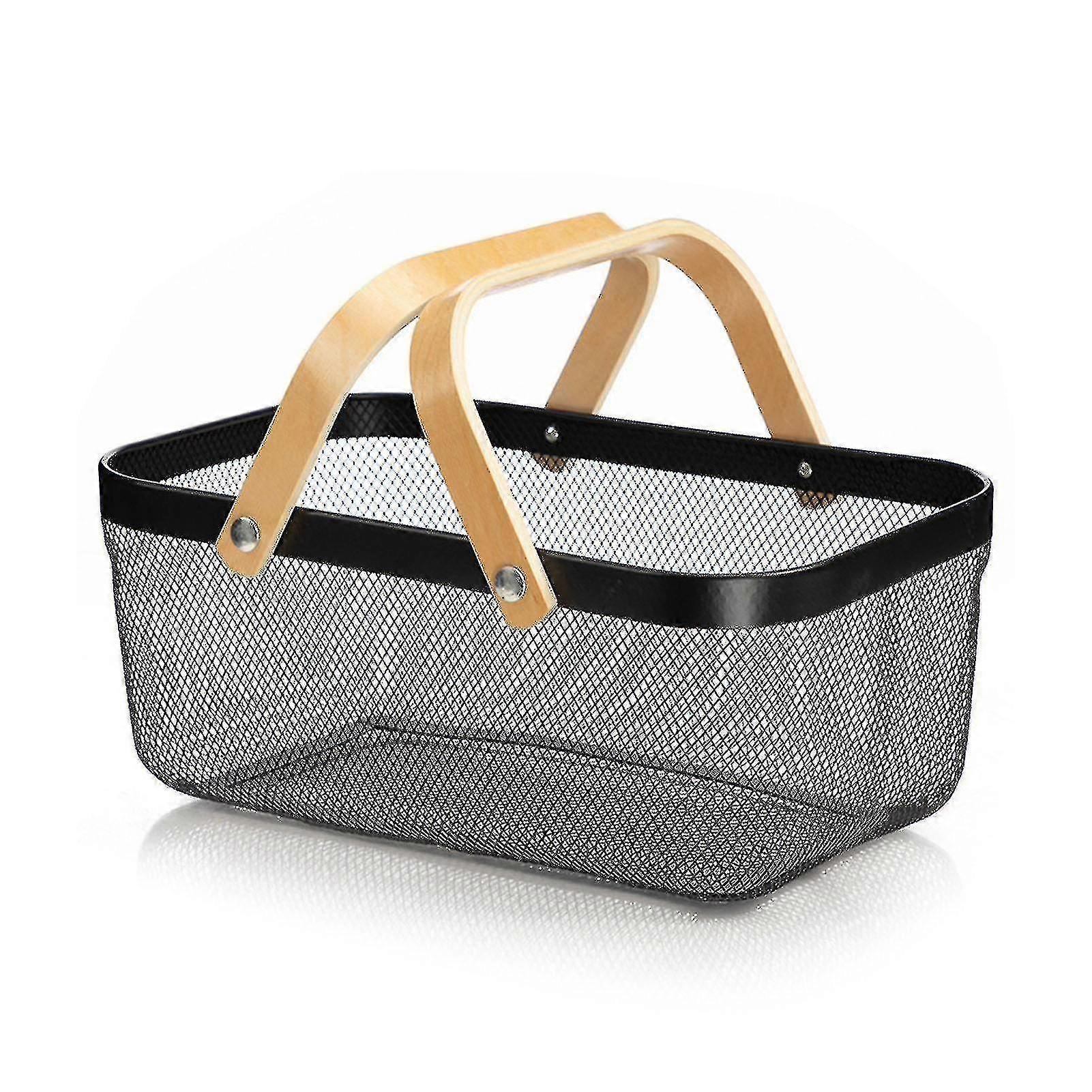 Metal Rectangular Shopping Basket Small Basket Vegetable And Fruit Wooden Handle