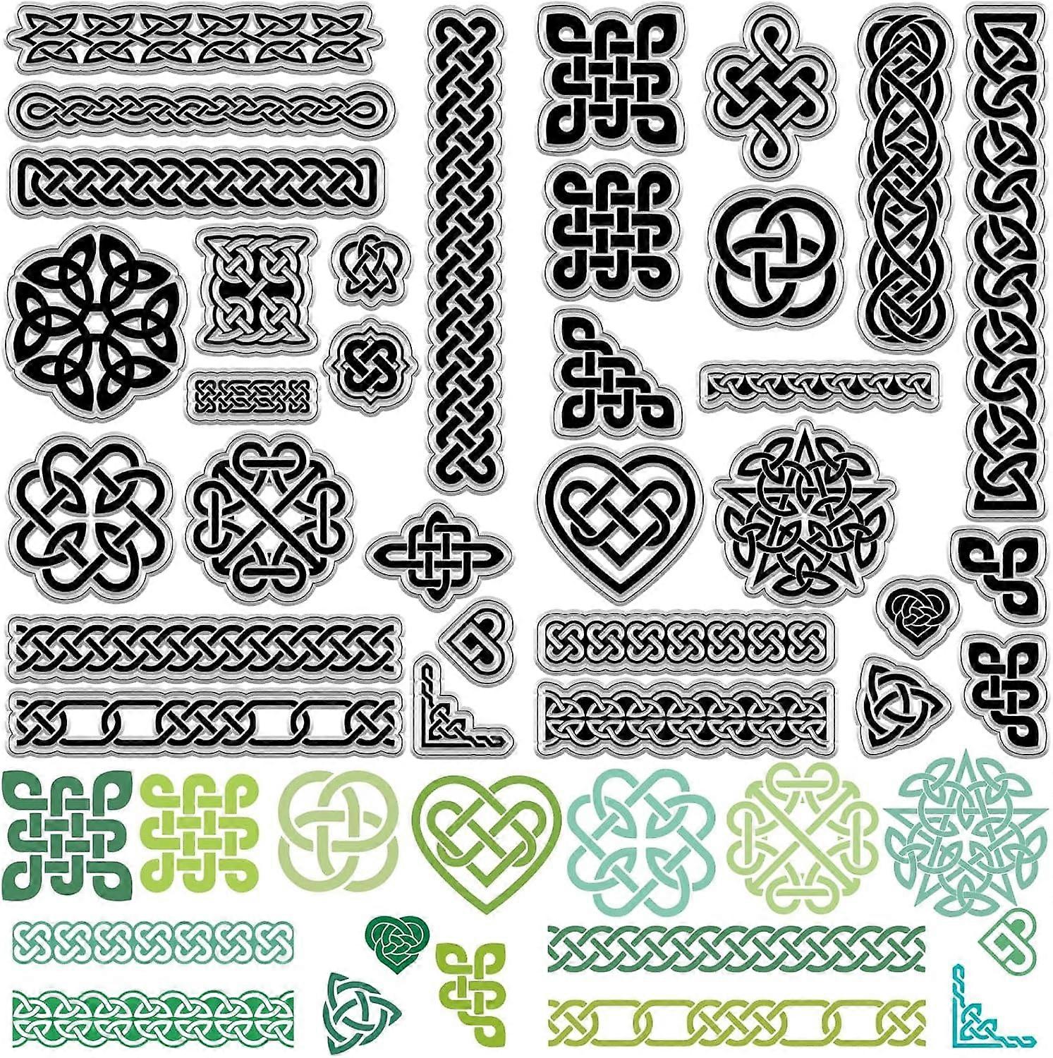 2Pcs Celtic Knot Clear Rubber Stamps Reusable Trinity Knot Frame Transparent Silicone Stamp Seals Vintage for St.Patrick Easter Christmas Journaling C
