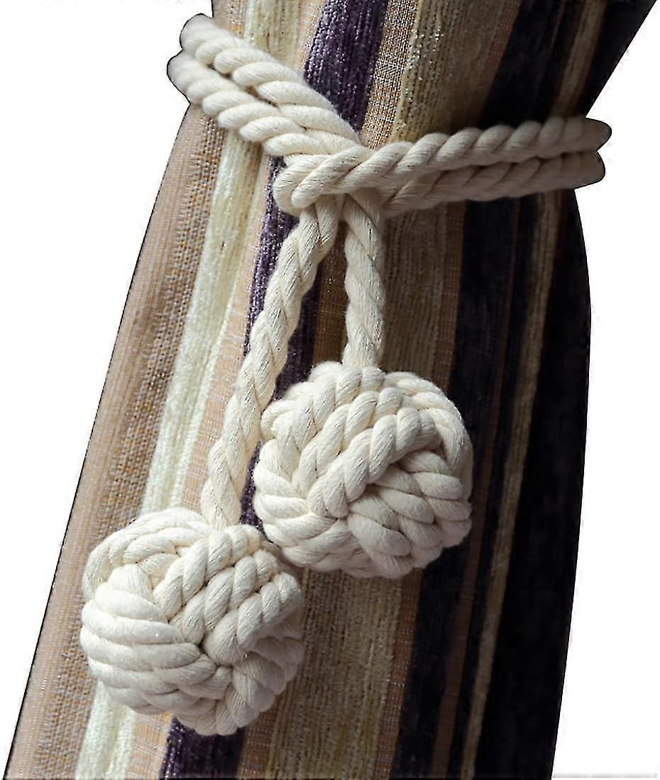 Curtain Backs Hand Knot Braided Drapery Tiebacks With Double Ball Handmade Cotton Cord Rope Tassel 2pcs-white