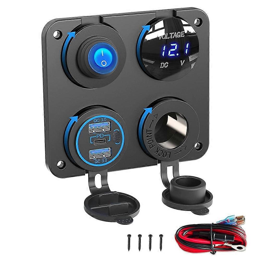 Marine Boat RV 12V Charger Socket Panel, 4 In 1 DC 12V Outlet Panel Multi USB Fast Charger with Tog