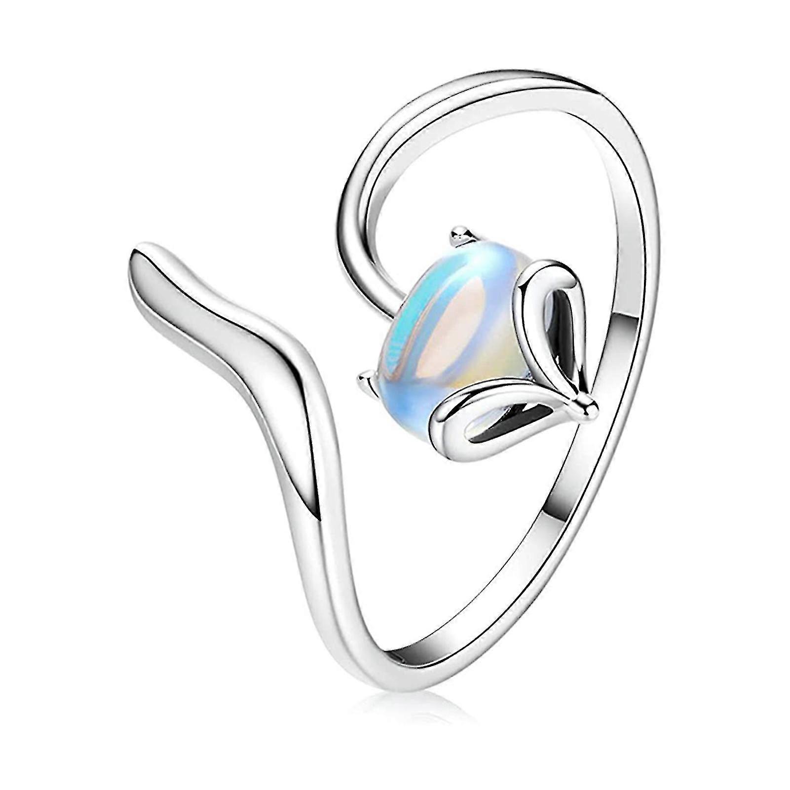 Sterling Silver Moonstone Fox Ring Animal Foxtail Adjustable Open Ring Anniversary