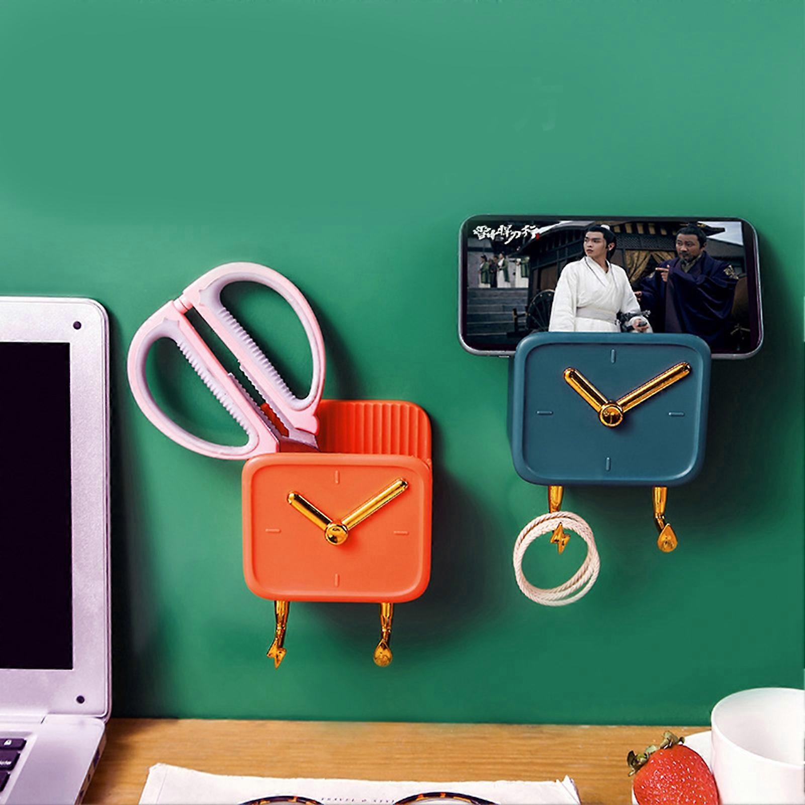 Orange Clock Shaped Wall Mounted Storage Box with Hooks for Dormitory Bedside