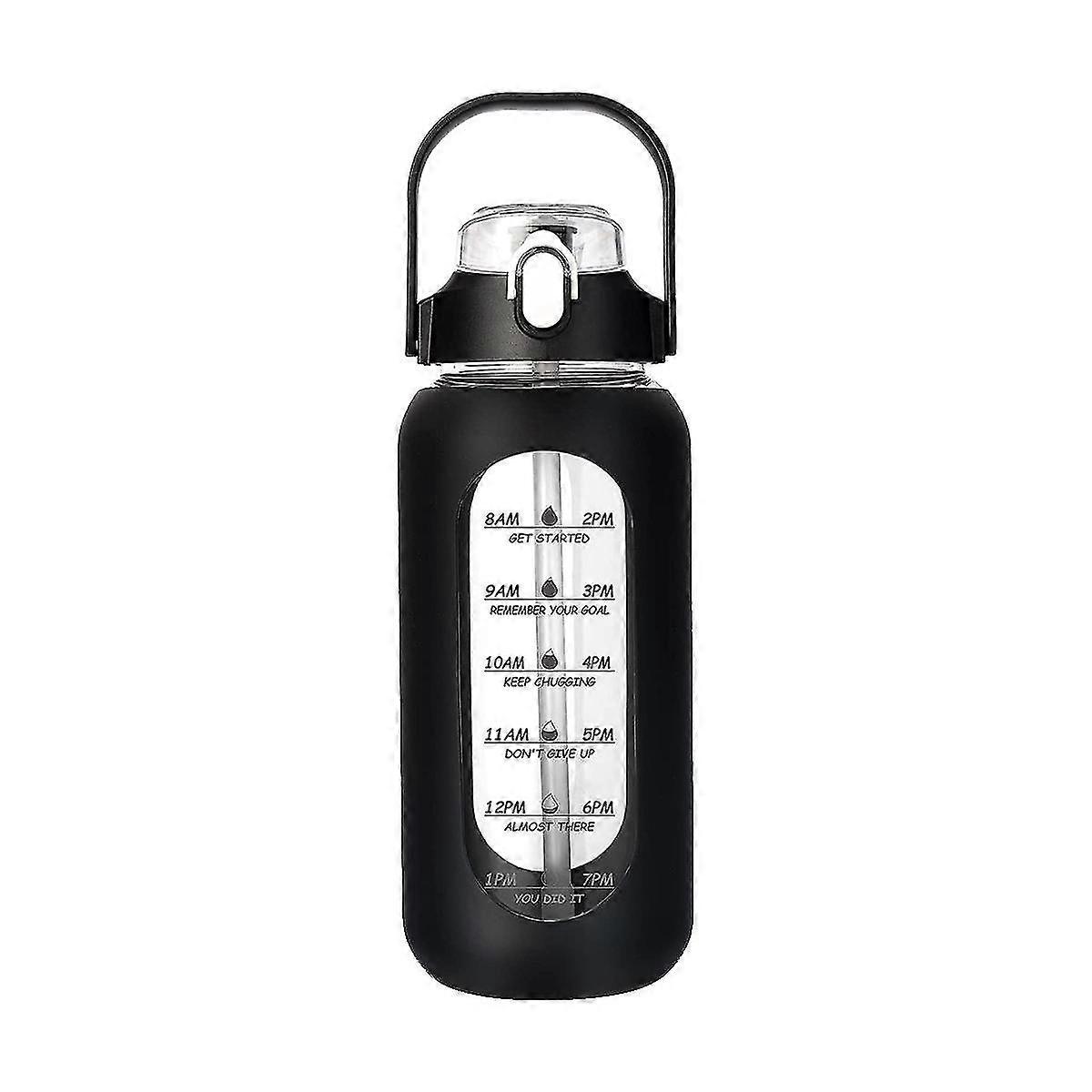 64oz Glass Water Bottles With Straw, Glass Bottle With Silicone Sleeve And Time Marker, For Gym Hom