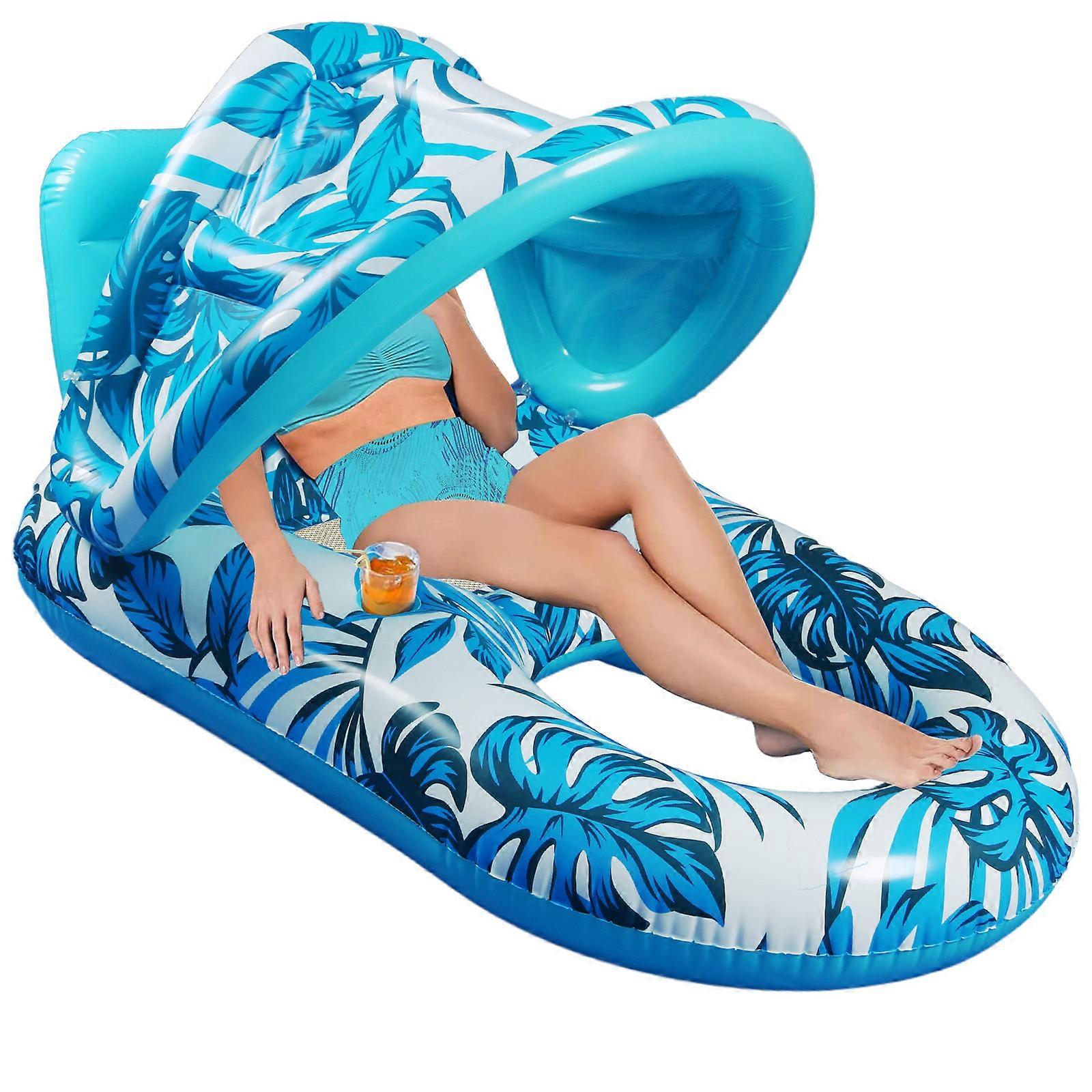 Pool Lounge Float with Canopy UPF50+, Extra Large Pool Floats for Adults Heavy Duty, Inflatable Lounger Float with Cup Holder & Backrest