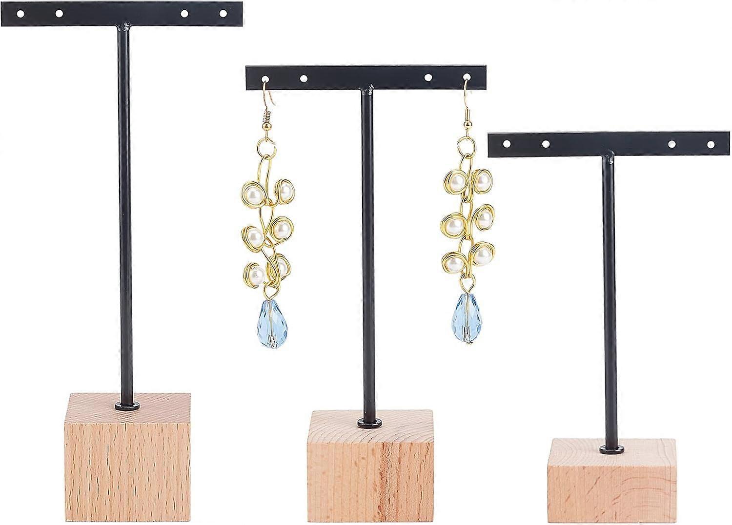 3 Pcs Black Metal T Bar Earring Display Stand with Wooden Square Base 4 Holes Earrings T Stand Hanging Earring Organizer for Store Retail Photography