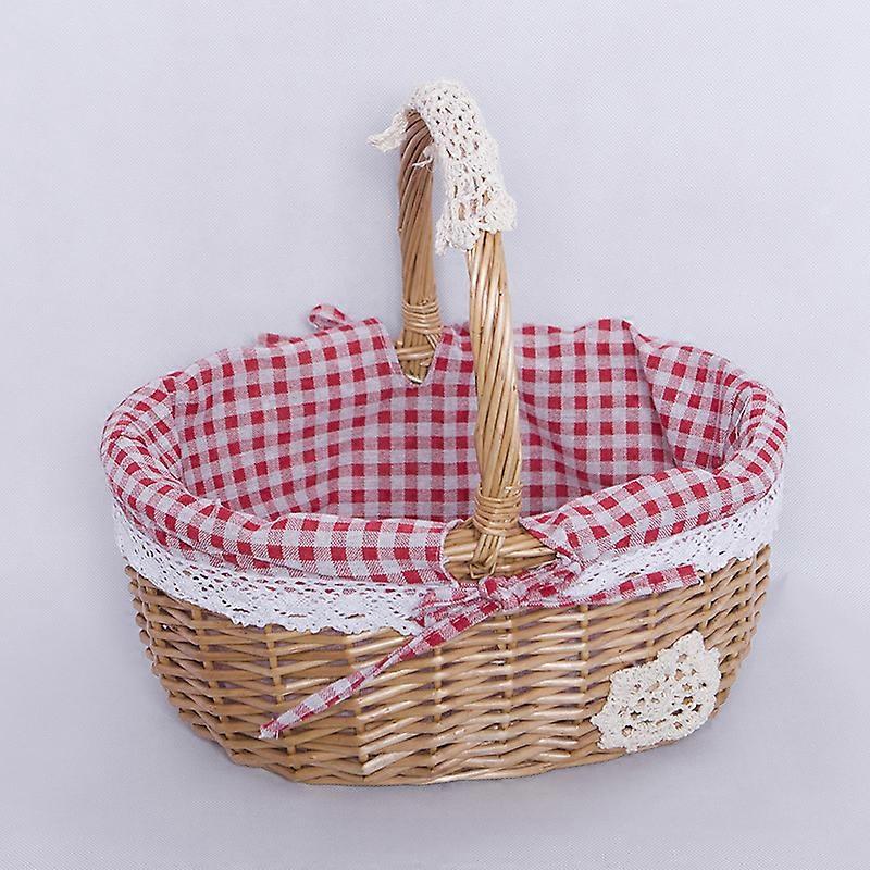 Wicker Picnic Basket with Handle, Portable Rattan Storage Basket, Red Plaid Lace