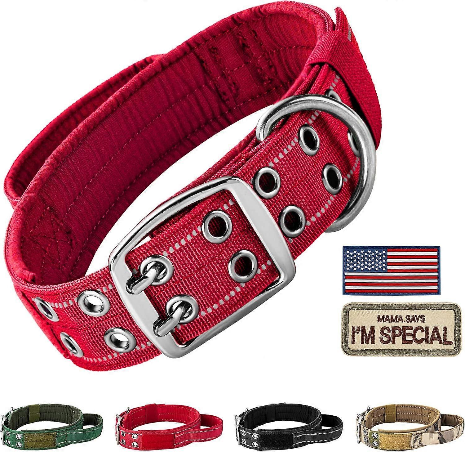chwool Tactical Dog Collar for Medium and Large Dog,Adjustable Military Dog Collar with Soft Padded Handle,Heavy Duty Double Buckle Design(Red,L) Red