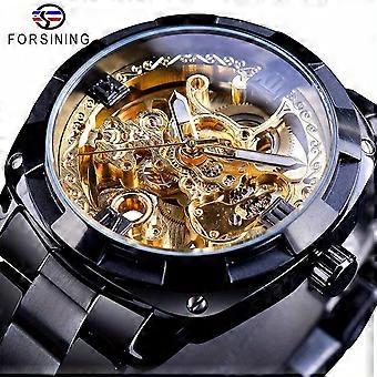 JUEGE* Forsining Fashion Transparent Retro Men's Automatic Mechanical Watch Top Brand Luxury Full Golden Luminous Hands Skeleton Clock, Ideal choice f