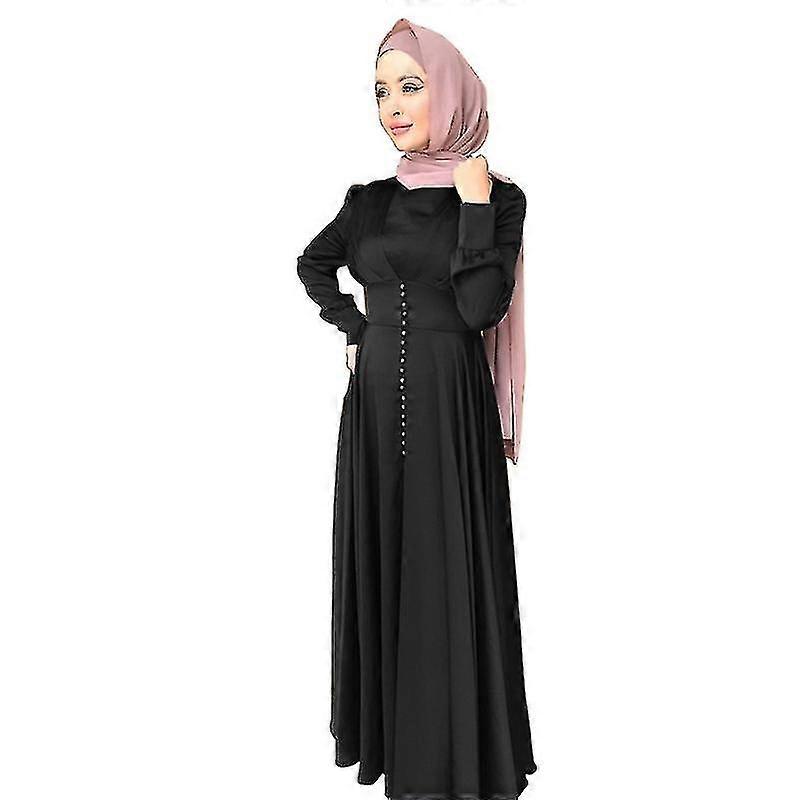 Womens Islamic Button Pleated Robe Satin Maxi