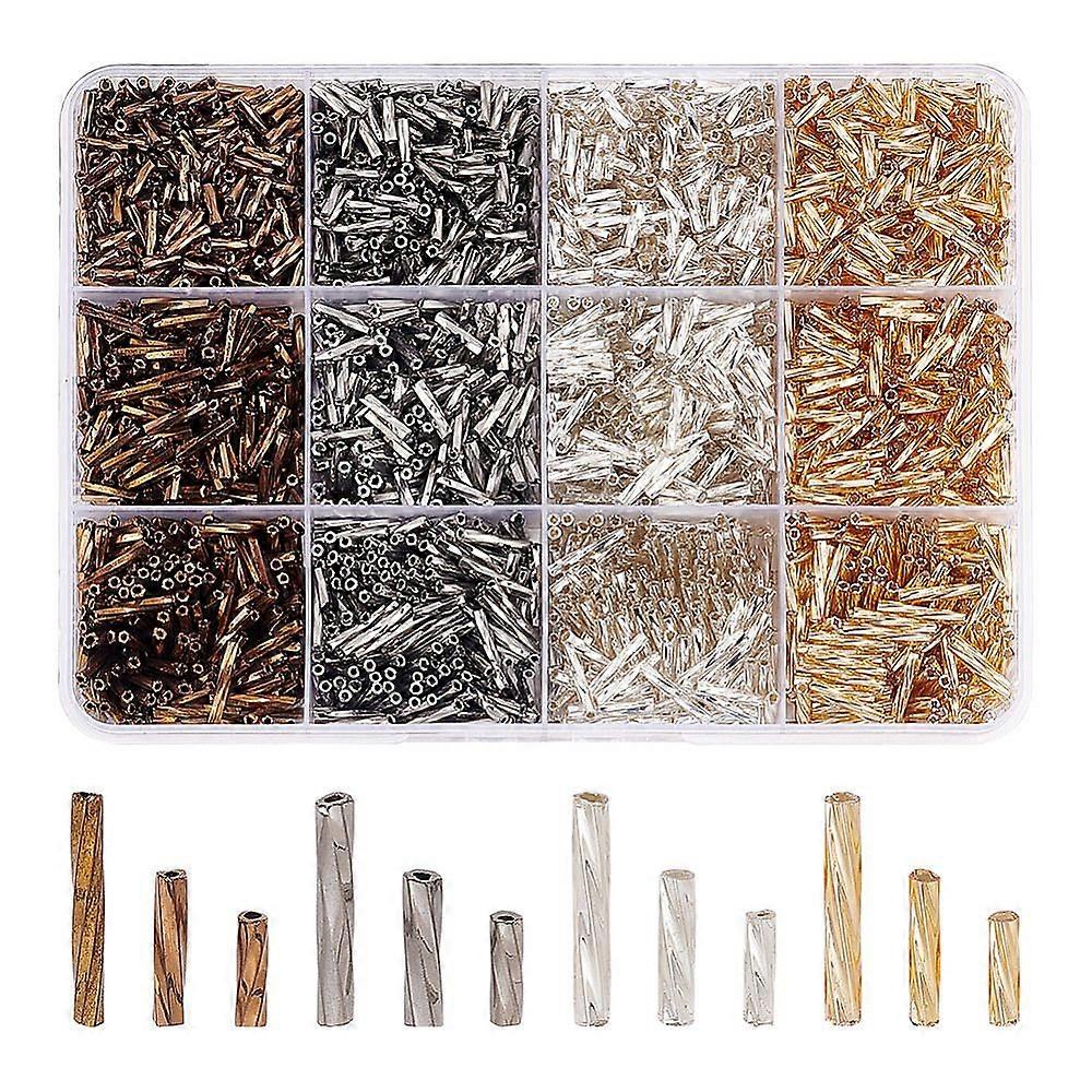 1960Pcs 12 Styles Glass Twisted Bugle Beads Metallic Colours Mixed Color 6~12x2mm Hole: 0.5mm