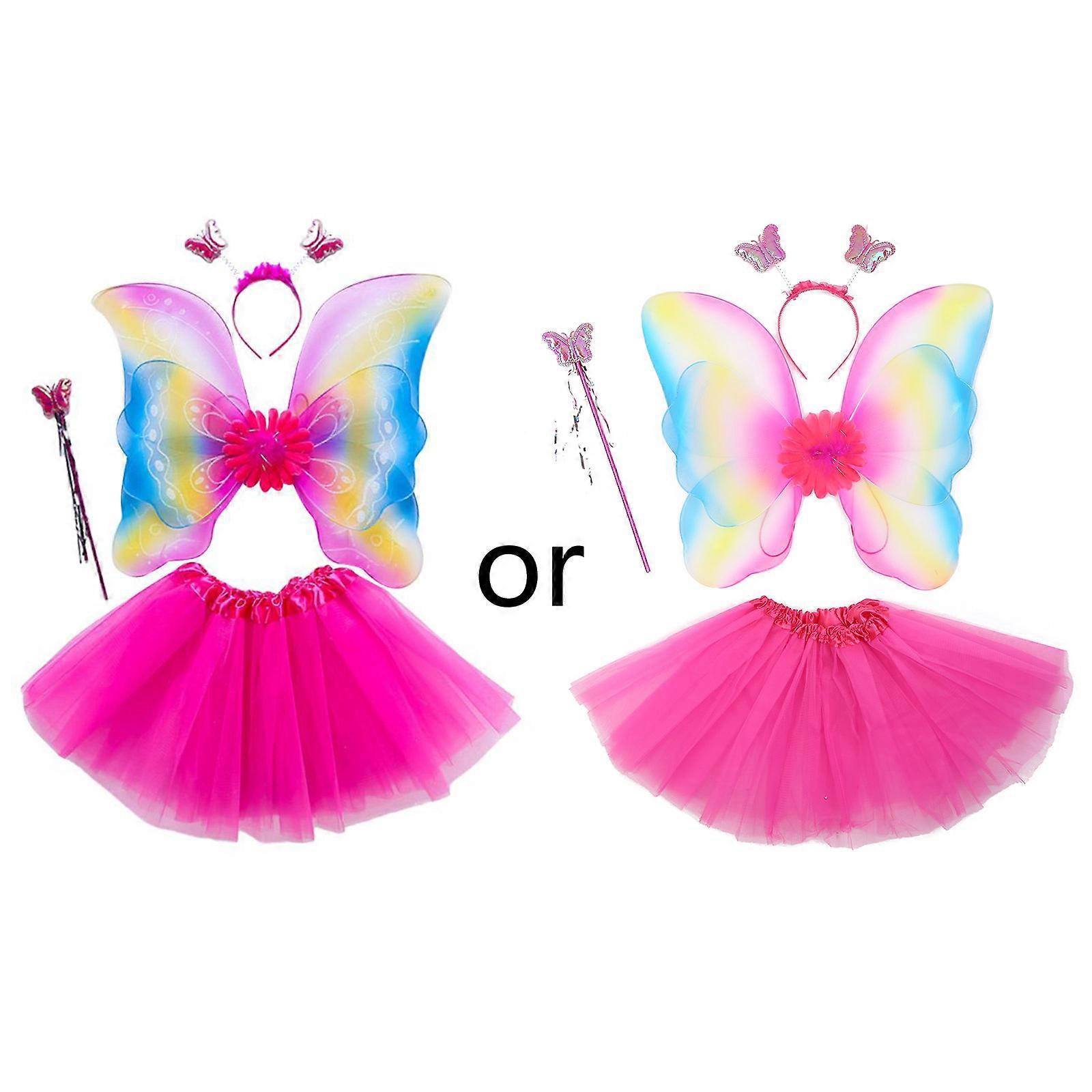 4Pcs Girls Fairy Costume Set Rainbow for Butterfly Wings 3 Layers Tulle Tutu Skirt Wand Headband Princess Halloween Part  rose Red