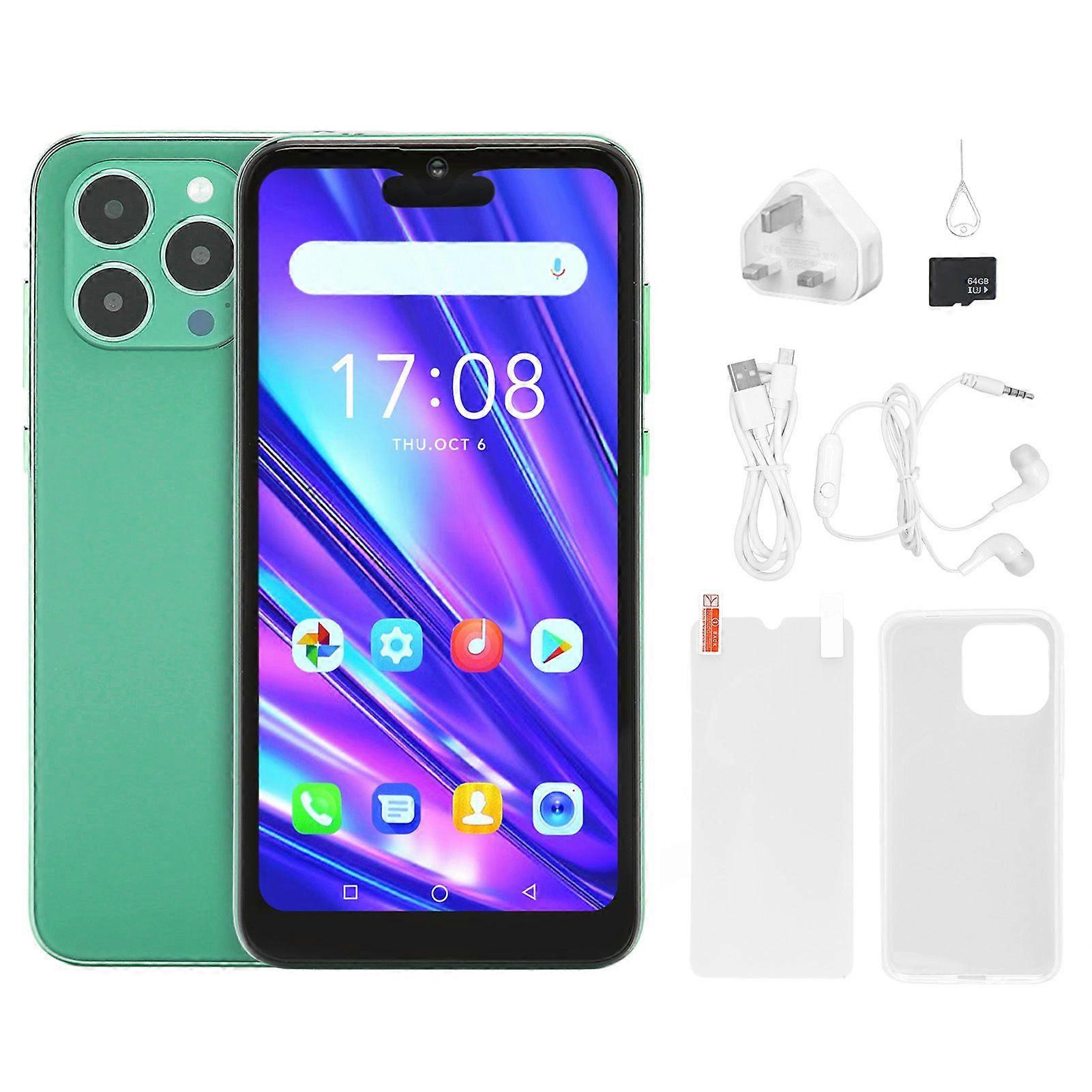 I14 Pro Max Smartphone for Android 8.1 6.1in 4GB RAM 32GB ROM MTK6580A Cell Phone Front 5MP Rear 8MP with 64G Memory Expansion Card 100240V Green UK P