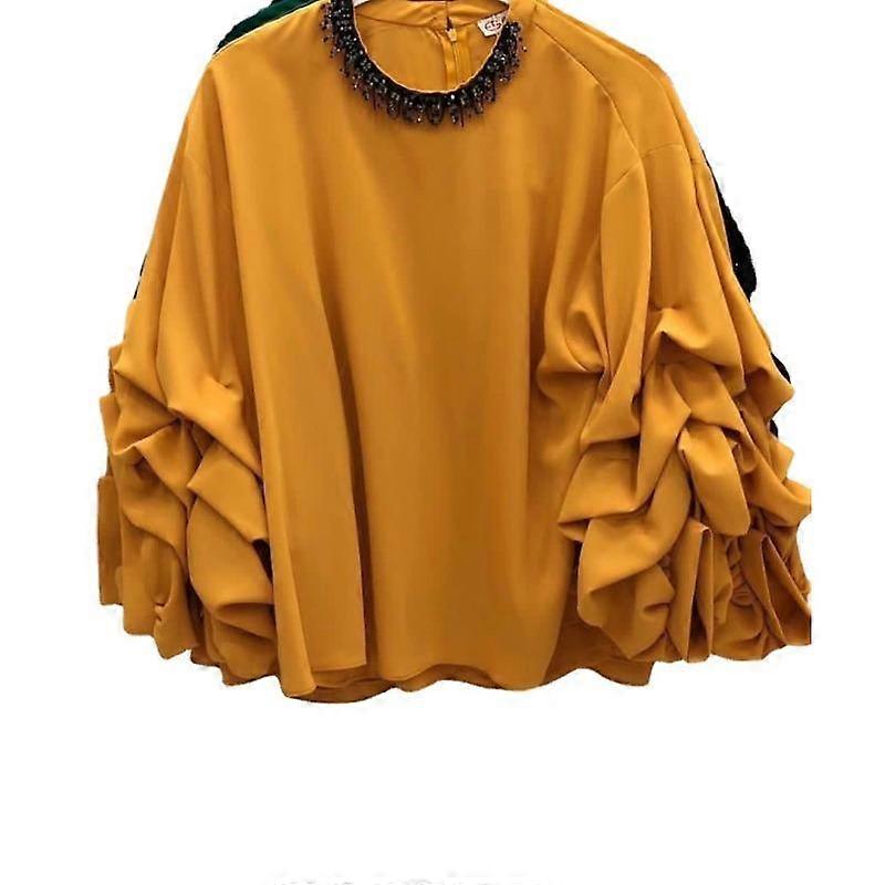 Women's Pullover Lantern Sleeve Blouse Temperament Commuter Solid Colour Round Neck Shirt