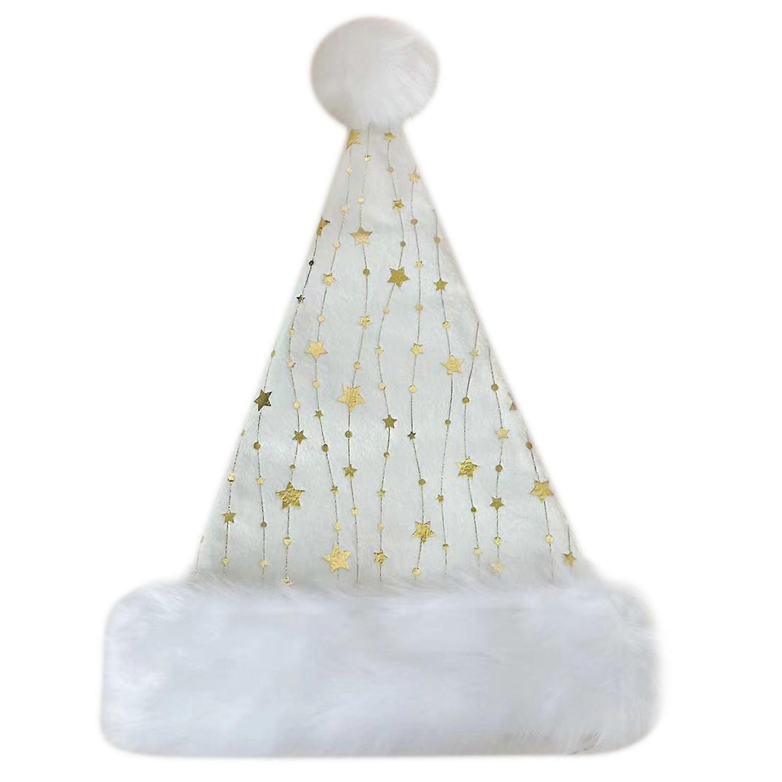 Adult Santa Hat with Golden Star for Holiday Comfort Liner Christmas New Year Symbol Cap with White Brim  White