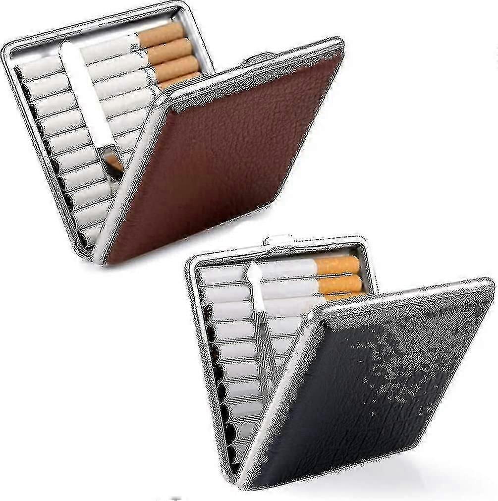 2 X Leather Cigarette Case Black/brown Made Of High Quality Metal/pu Leather, Elegant Metal -bp