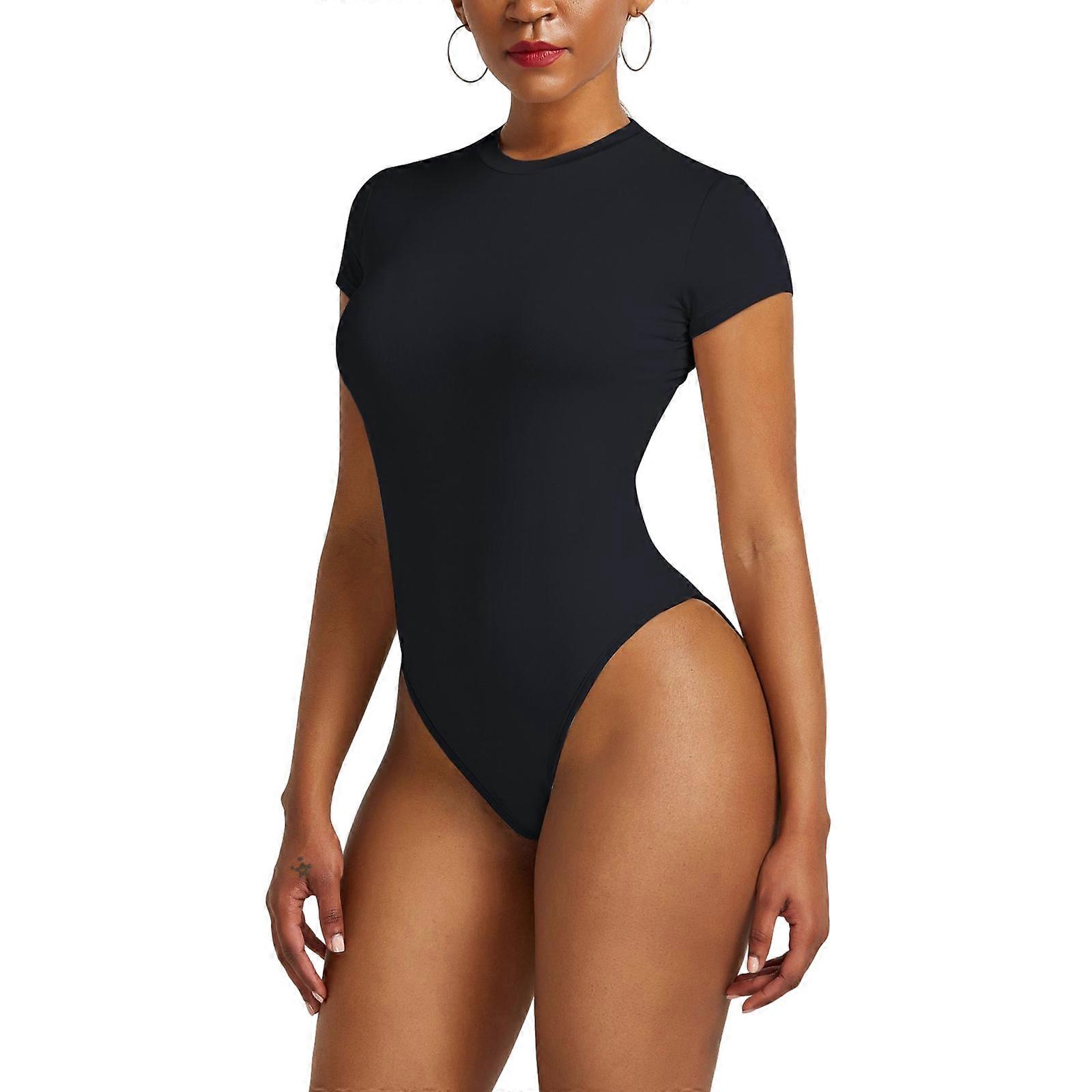 Women Short Sleeve Bodycon Slim Fit Bodysuit T-Shirt Round Neck