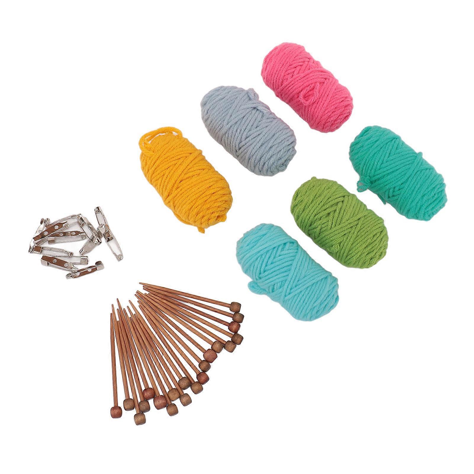 Mini Knitting Tools Set Single Pointed Knitting Needles and 6 Colors Knitting Yarns and Knitting Stitch Holders for Knitting Weaving Walnut Color