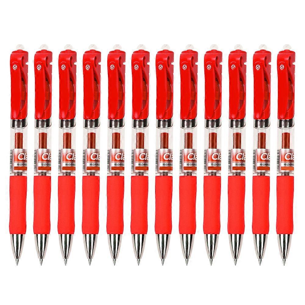 12Pcs Rollerball Pen Non-Slip Soft Rubber Handle Plastic Press On Type School Office Stationery 0.5mm(Red )