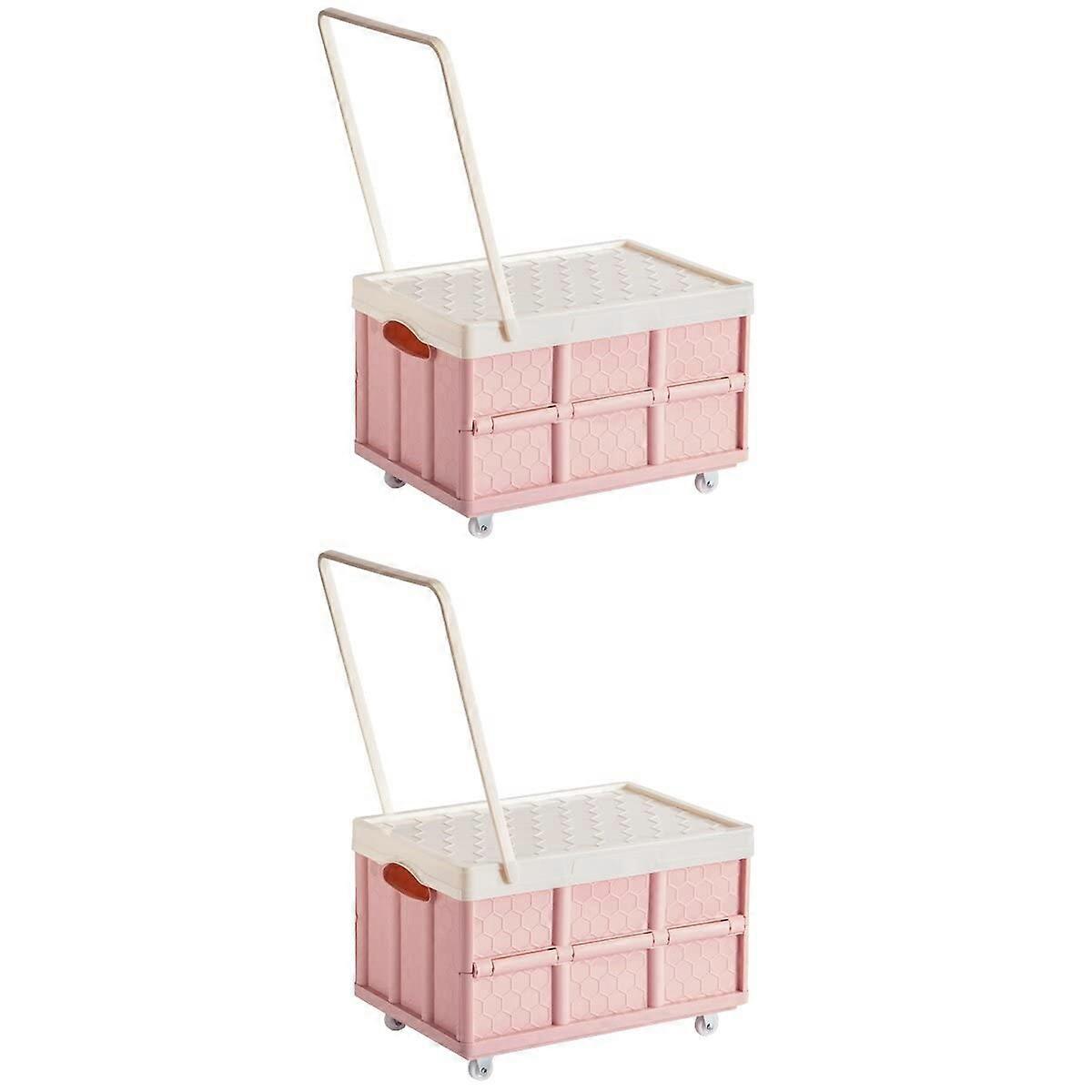 Grocery Cart Collapsible Storage Bins 2PCS with Lid and Wheels, Pink Plastic Folding Box for Camping, Clothes, Snacks, Car Trunk