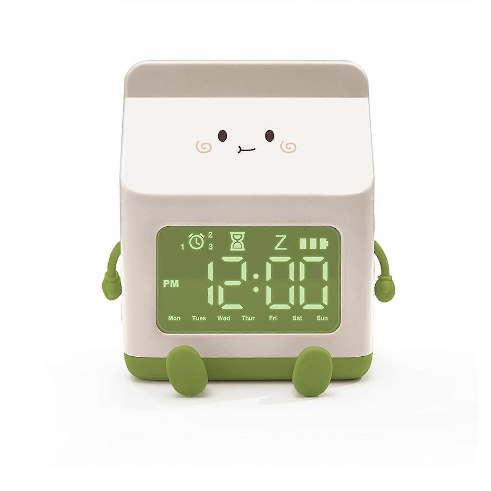 Cute Milk Carton Alarm Clock for Children, Cartoon Digital Clock with Alarm, Countdown, and Green Design Decor