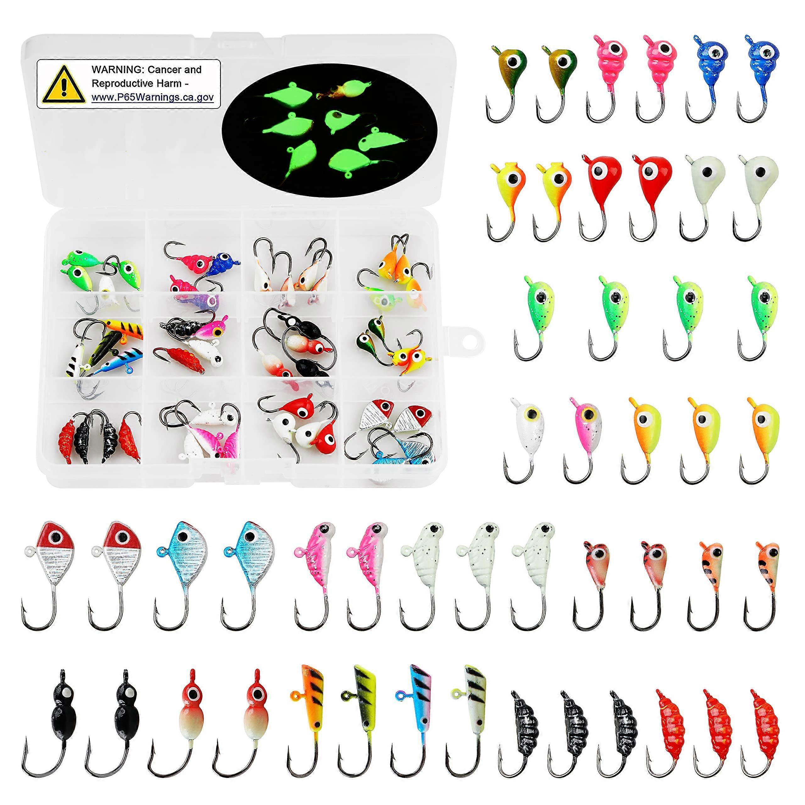 Ice Fishing Jig Hooks kit, 48pcs Luminous Ice Fishing Lures Crappie Panfish Jigs Heads Hooks Set for Winter Ice Jigging Walleye Bluegill Perch