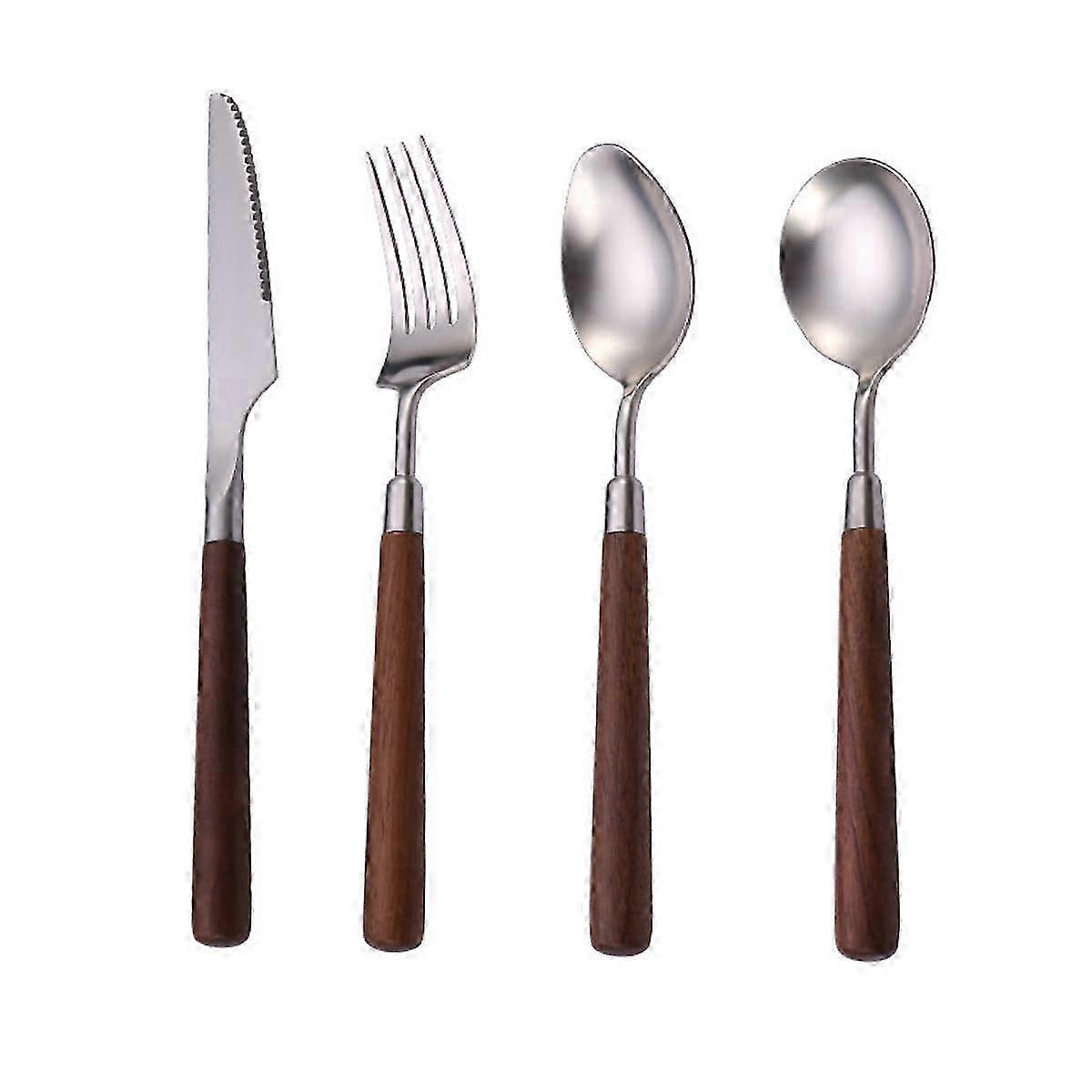 Set di posate con manico in noce, 4 posate in acciaio inox