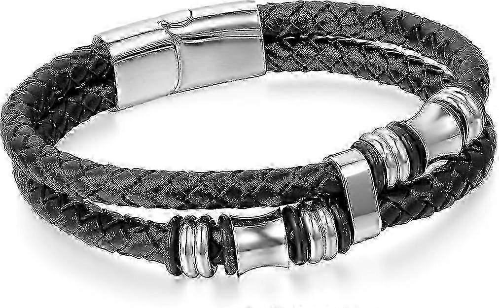 メンズレディース編みこみレザーブレスレット ステンレススチールチャーム ブラックシルバー 9インチ