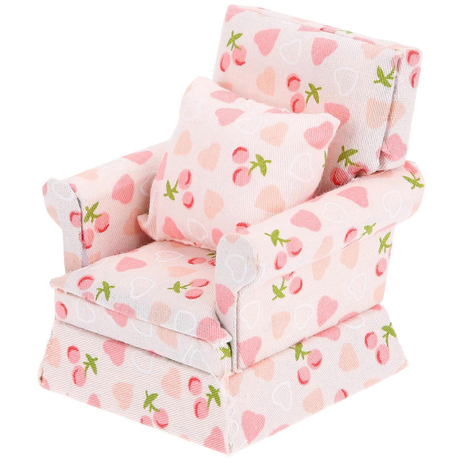 Miniature Dollhouse Sofa Couch with Heart Cherry Pattern Micro Furniture Ornament for Room Decoration and Creative Play