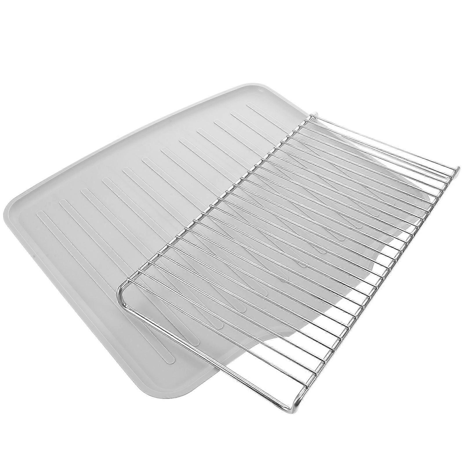 Dish Tray Drying Rack Stainless Steel Kitchen Counter Organizer Drainage System Rectangular Shape Light Grey 1 Set