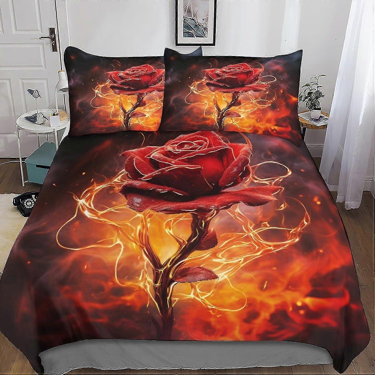 Flame Rose Bedding Set 3D Duvet Cover Set Soft Microfiber Quilt Cover with Pillowcases, 3 Piece Comforter Cover Set