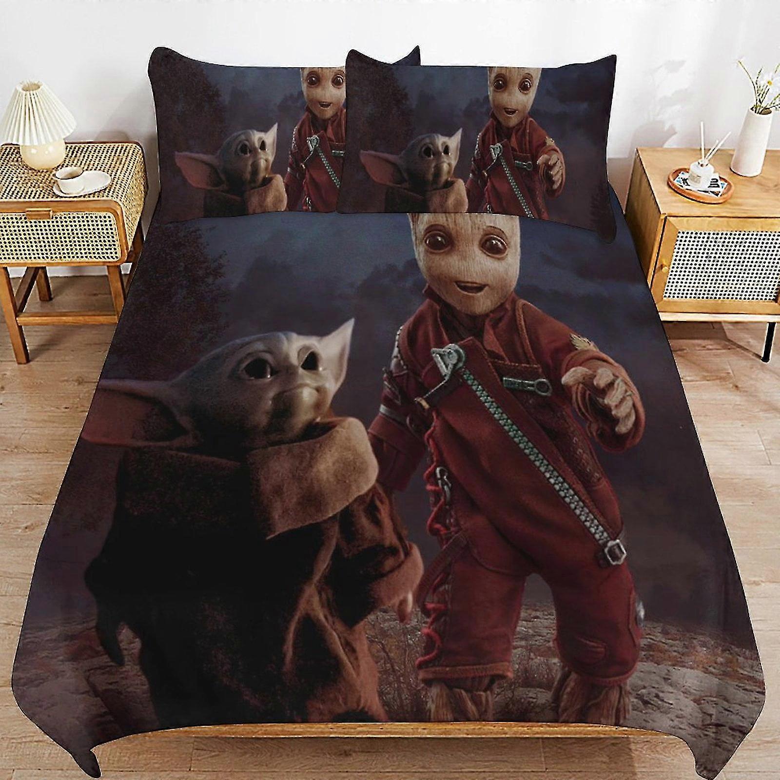 Conjuntos de Cama Baby Yoda Fofos Decoração de Quarto Leve com 1 Capa de Edredom e 2 Travesseiros para Crianças 79x90