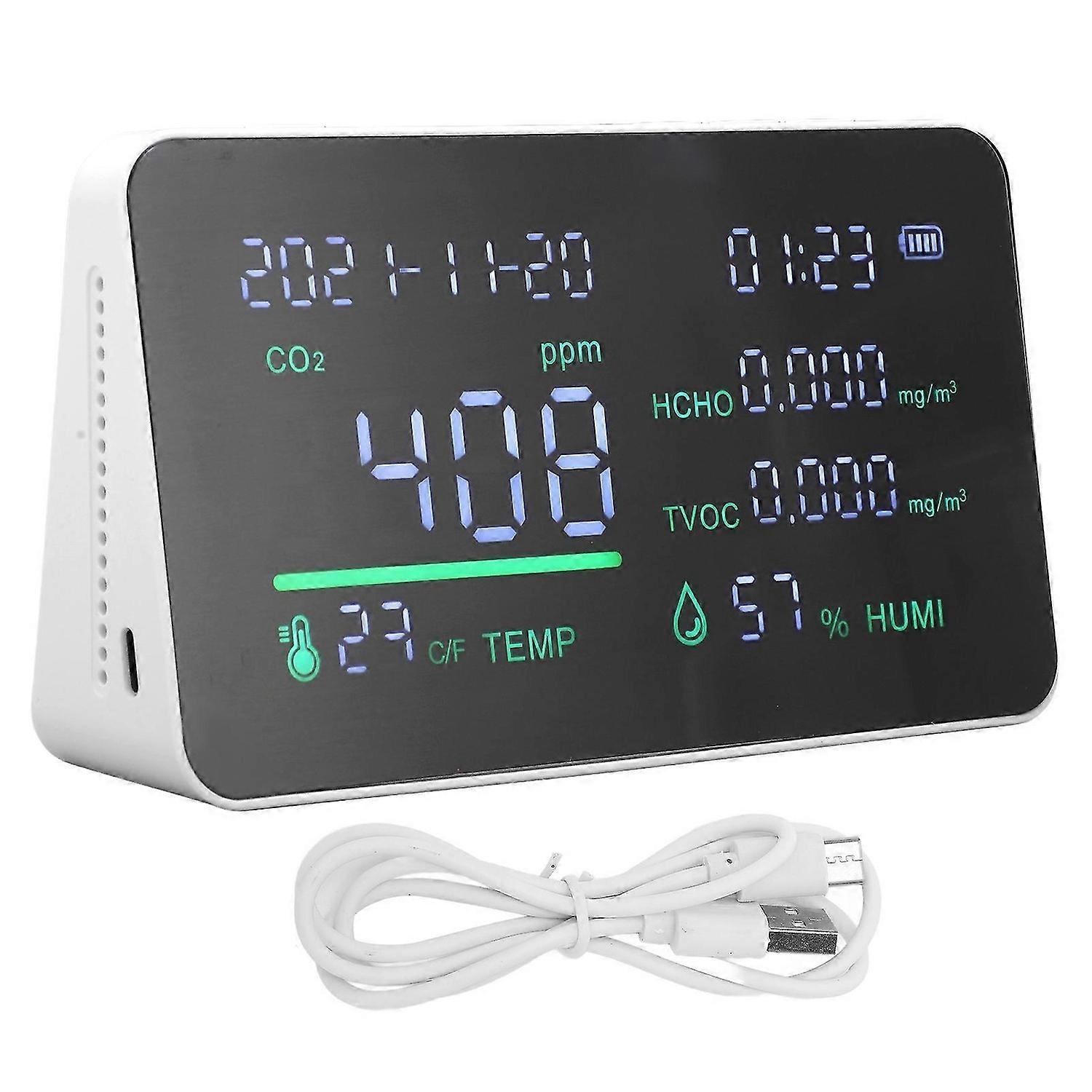 Air Quality Monitor 6 in 1Smart CO2 TVOC HCHO Air Temperature Humidity Quality Detector Carbon Dioxide DetectorWhite