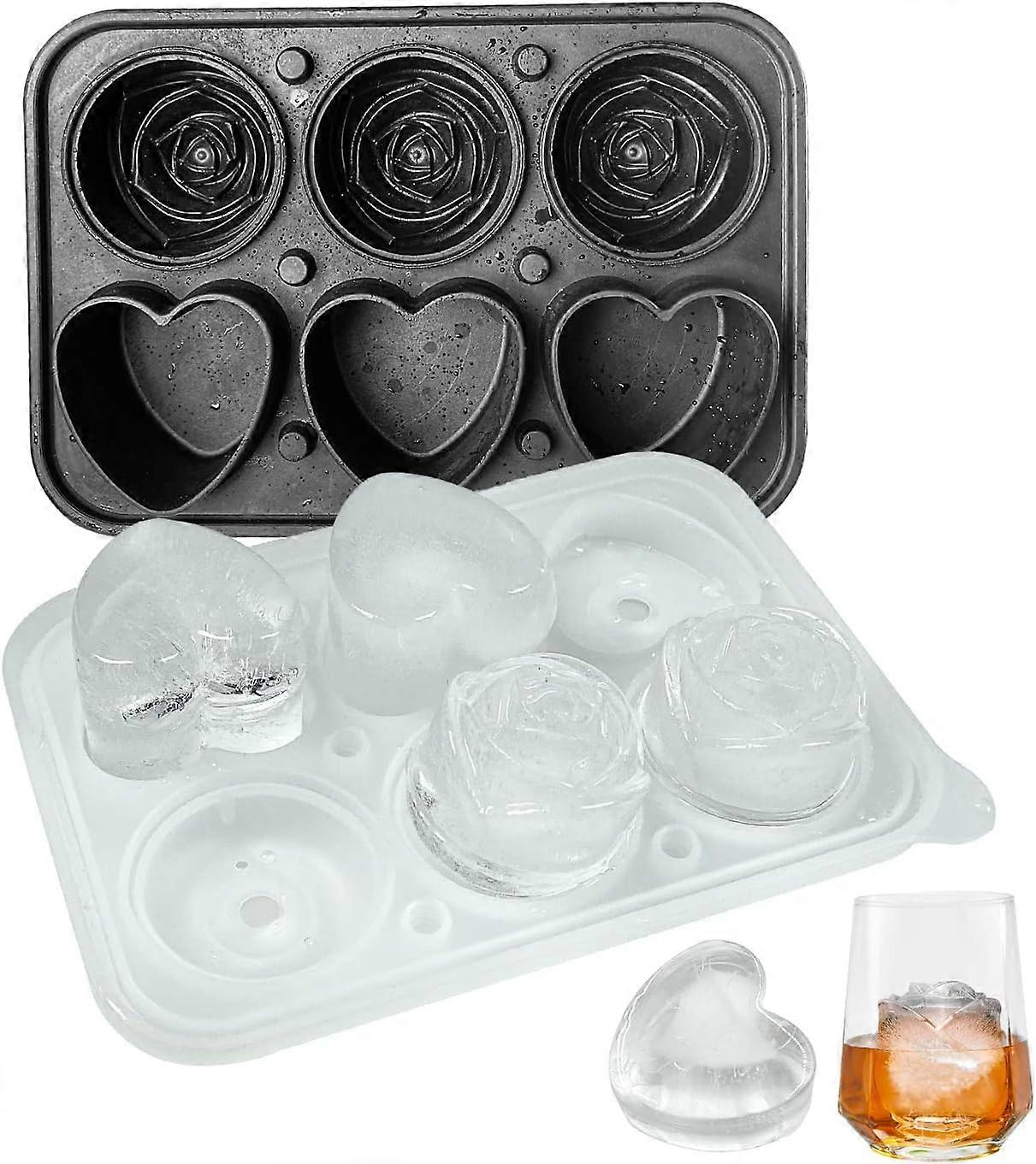ZENGO Rose Ice Cube Mold, Heart Shapes Ice Cube Tray,with Clear Funnel type Lid, 3 Heart 3 Rose Ice Balls , Black