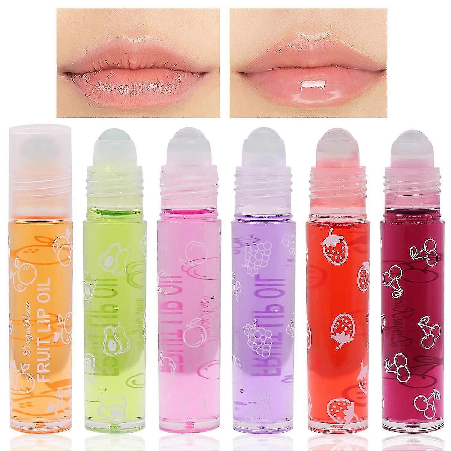 Set of 6 Glitter Lip Gloss Roll On Colourless Lip Gloss Transparent Lip Shiner Roll-On Lip Gloss Set Fruity Moisturising Lip Oil Sheer Glossy Liquid L