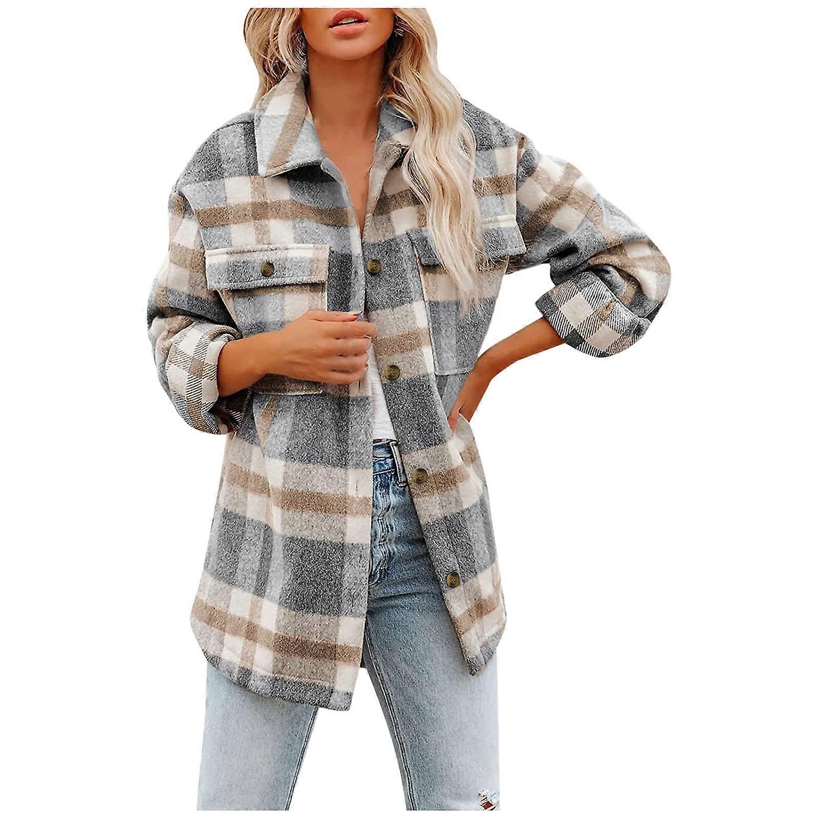 Casual Oversize Jacket With Lapel Button For Women Long Checked Shirt Coat Tartan Shacket Khaki S
