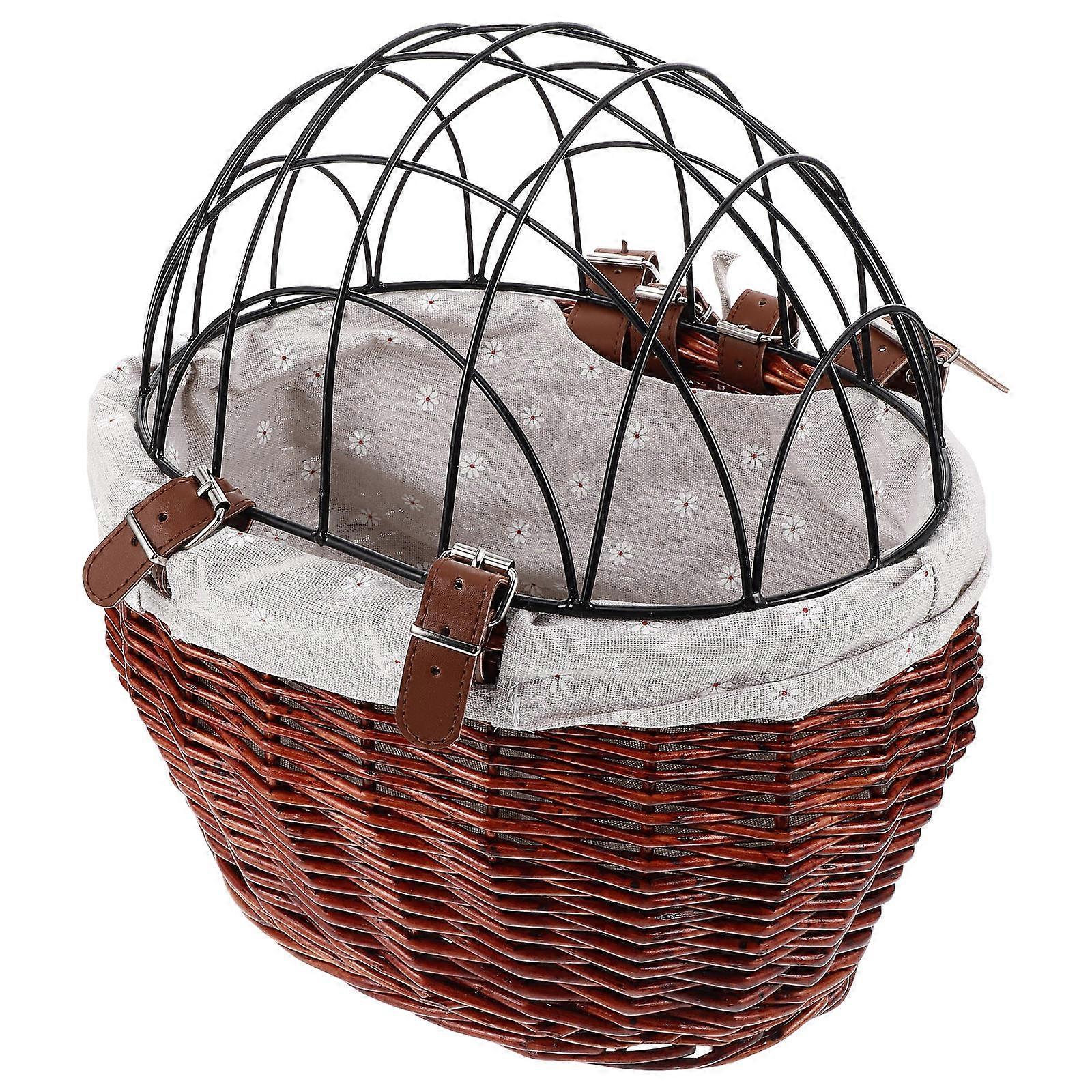Detachable Rattan Bike Basket for Pets – Versatile Wicker Carrier with Wire Mesh Cover for Dogs and Cats, Stylish Storage for Shopping and Commuting
