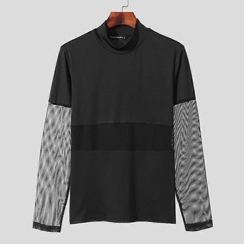 INCERUN Men Turtleneck Long Sleeve Mesh Patchwork Sheer Tops