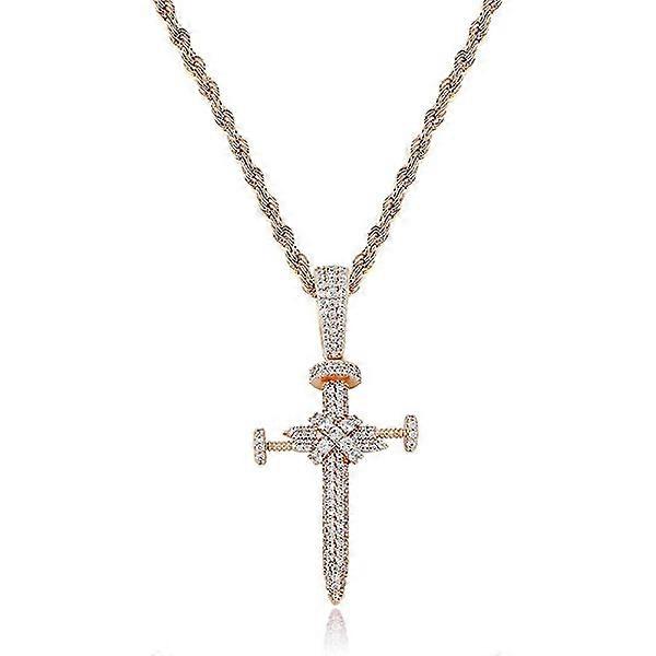 Hip Hop Iced Out Cz Spike Cross Necklace 18k Gold Plated Simulated Diamond Pendant For Men