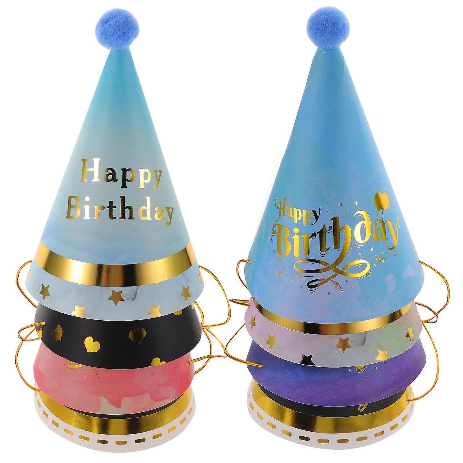 Assorted Color Birthday Party Hats for Kids Made of Premium Paper with Plush Ball and Rope 8 Pcs