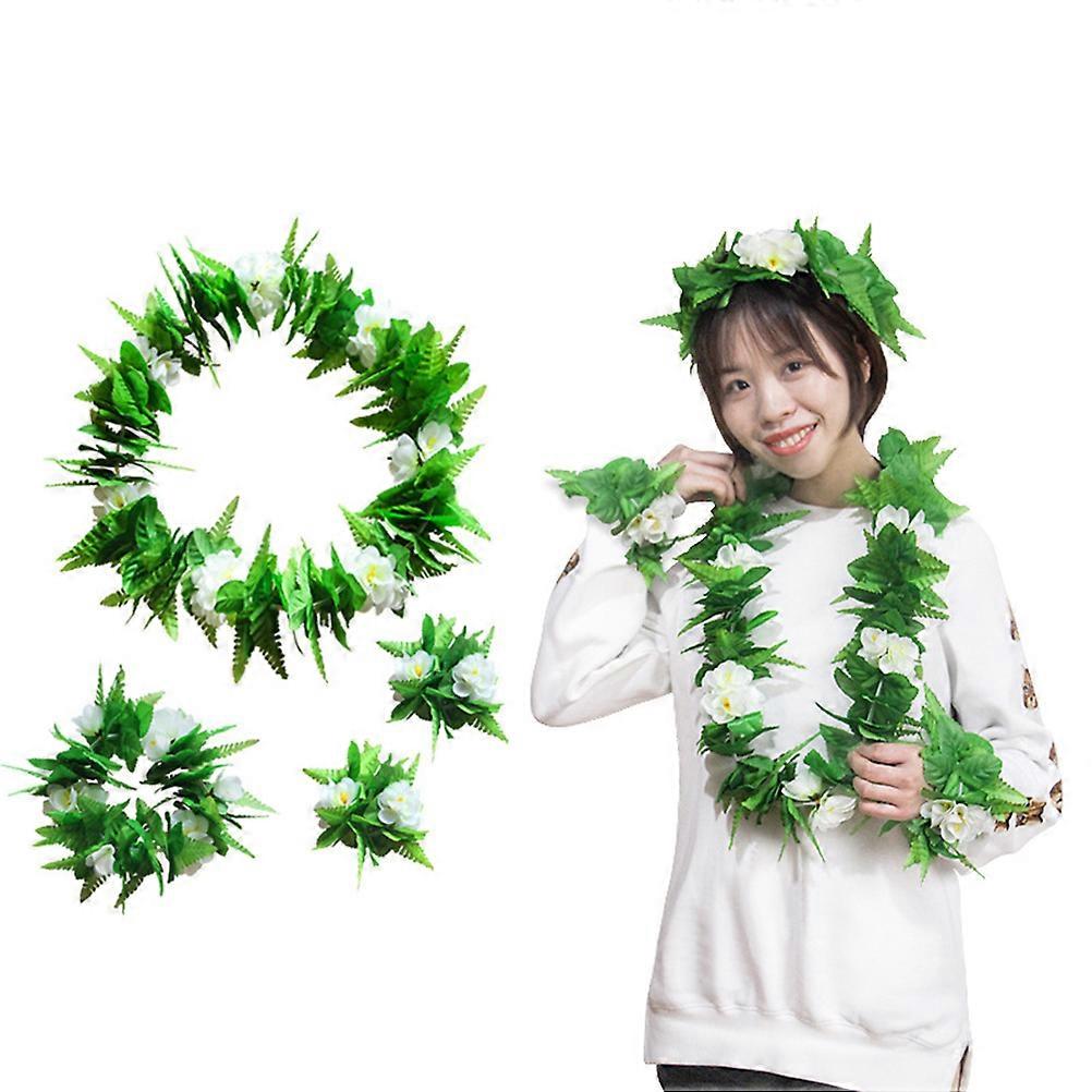 Hawaiian Leis Garland Headband for Decoration with Cloth Flowers Green Color 4Piece Set Fits Adults and Children
