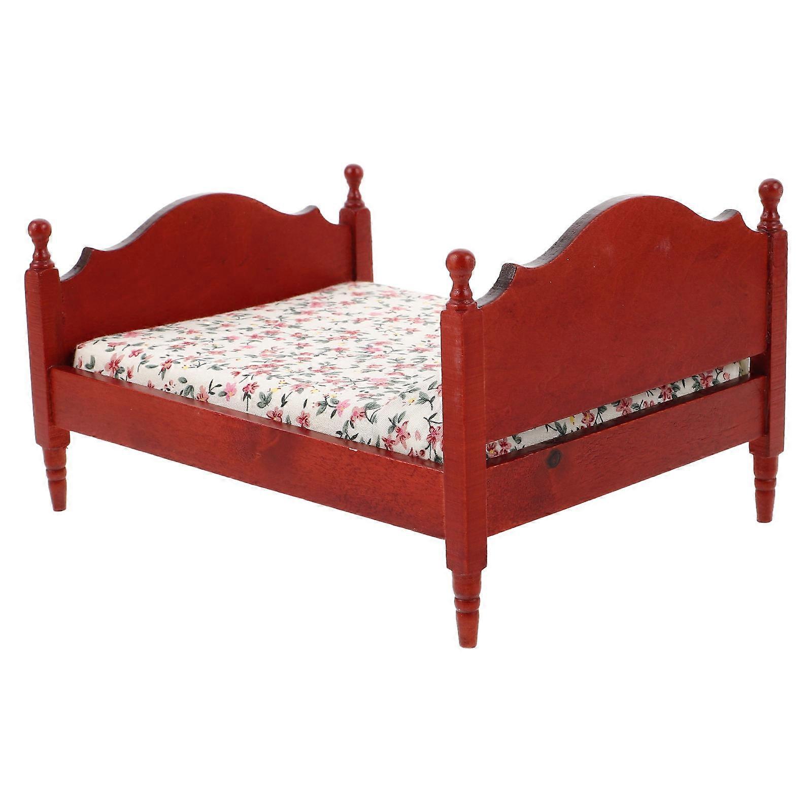 Dollhouse Bedroom Set Miniature Furniture Dark Red Vintage European Style For Interior Decoration 1Pack