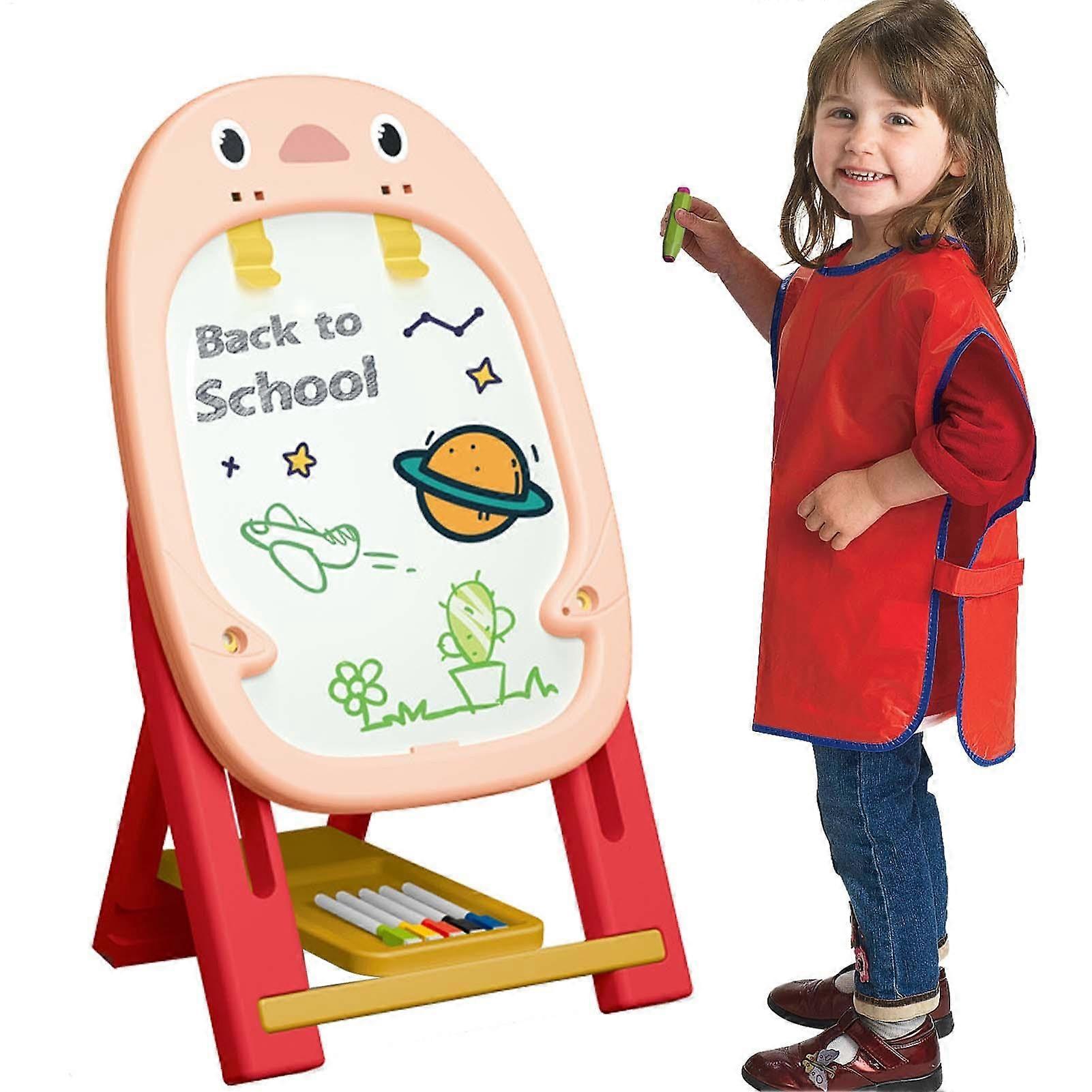 Art Easel for Kids, Chalkboard and Magnetic Surface, Standing Easel with Painting Accessories, Pink